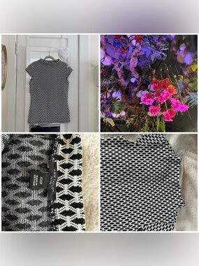 Ann Taylor Black and White Geometric Cap Sleeve Top Pettite